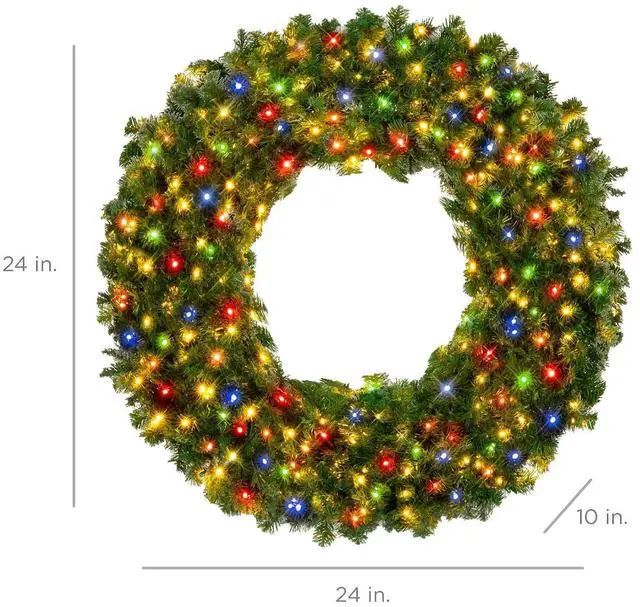 Alt view image 2 of 7 - 24in Large Artificial Pre-Lit Fir Christmas Wreath Holiday Accent Decoration w/ 50 Multicolor Lights, 100 PVC Tips
