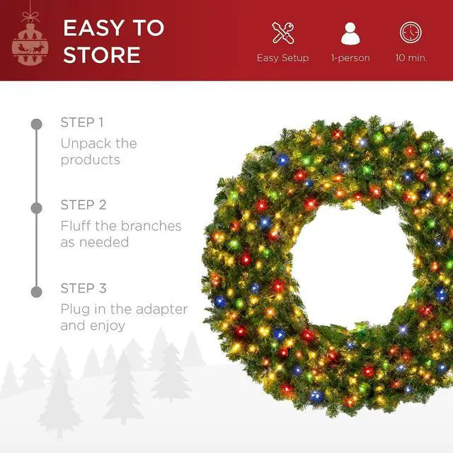 Alt view image 6 of 7 - 24in Large Artificial Pre-Lit Fir Christmas Wreath Holiday Accent Decoration w/ 50 Multicolor Lights, 100 PVC Tips