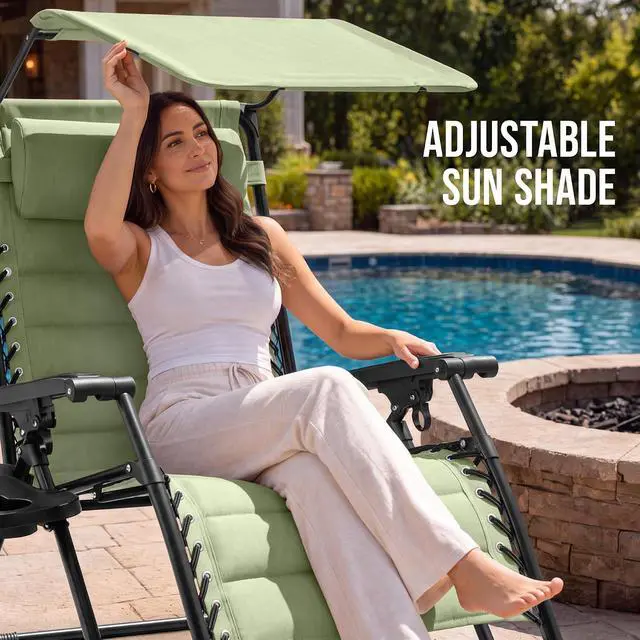 Alt view image 4 of 7 - Oversized Padded Zero Gravity Chair w/Canopy Headrest Cup Holder Side Tray, Folding Outdoor Patio Recliner Lounger - Sage Green