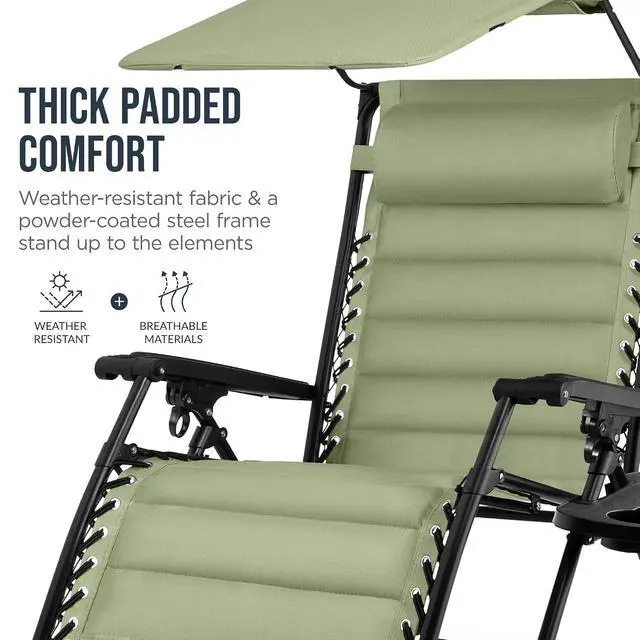 Alt view image 6 of 7 - Oversized Padded Zero Gravity Chair w/Canopy Headrest Cup Holder Side Tray, Folding Outdoor Patio Recliner Lounger - Sage Green