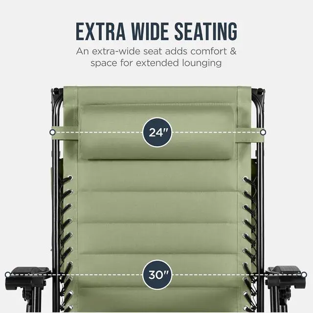 Alt view image 5 of 7 - Oversized Padded Zero Gravity Chair w/Canopy Headrest Cup Holder Side Tray, Folding Outdoor Patio Recliner Lounger - Sage Green