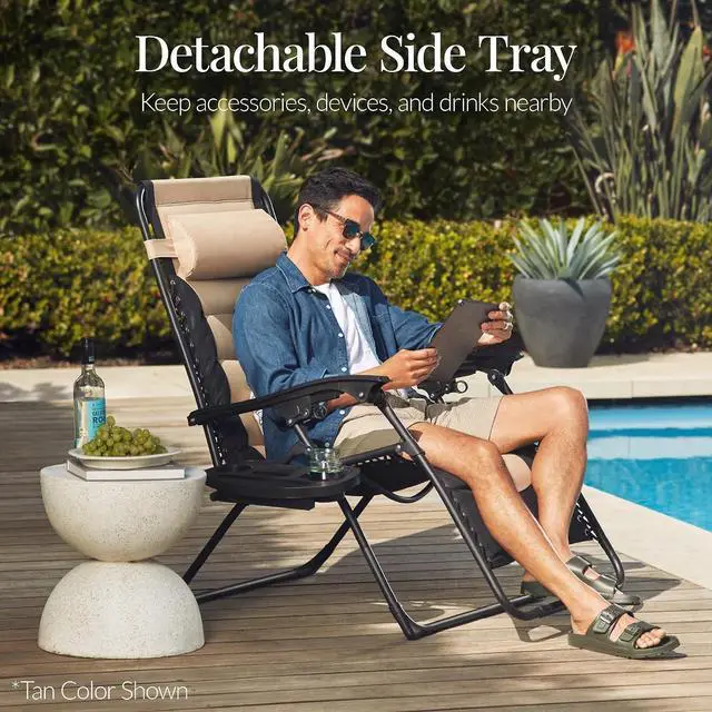 Alt view image 6 of 7 - Oversized Padded Zero Gravity Chair, Folding Outdoor Patio Recliner, XL Anti Gravity Lounger for Backyard w/Headrest, Cup Holder, Side Tray, Polyester Mesh - Dune