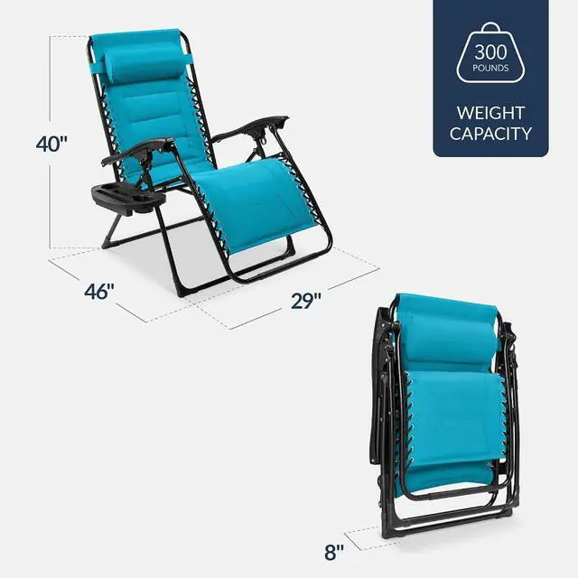 Alt view image 2 of 7 - Oversized Padded Zero Gravity Chair, Folding Outdoor Patio Recliner, XL Anti Gravity Lounger for Backyard w/Headrest, Cup Holder, Side Tray, Polyester Mesh - Aqua Blue