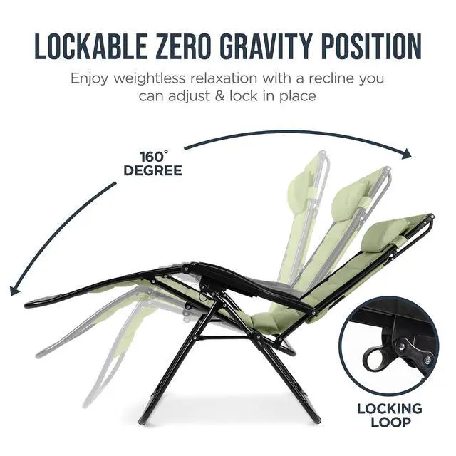 Alt view image 7 of 7 - Oversized Padded Zero Gravity Chair w/Canopy Headrest Cup Holder Side Tray, Folding Outdoor Patio Recliner Lounger - Sage Green