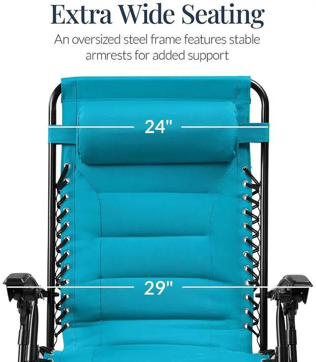 Alt view image 3 of 7 - Oversized Padded Zero Gravity Chair, Folding Outdoor Patio Recliner, XL Anti Gravity Lounger for Backyard w/Headrest, Cup Holder, Side Tray, Polyester Mesh - Aqua Blue