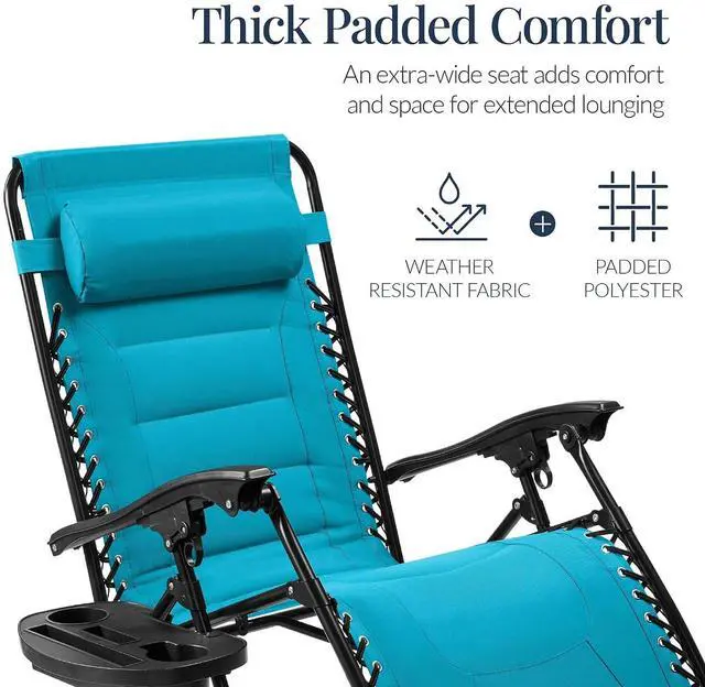 Alt view image 4 of 7 - Oversized Padded Zero Gravity Chair, Folding Outdoor Patio Recliner, XL Anti Gravity Lounger for Backyard w/Headrest, Cup Holder, Side Tray, Polyester Mesh - Aqua Blue