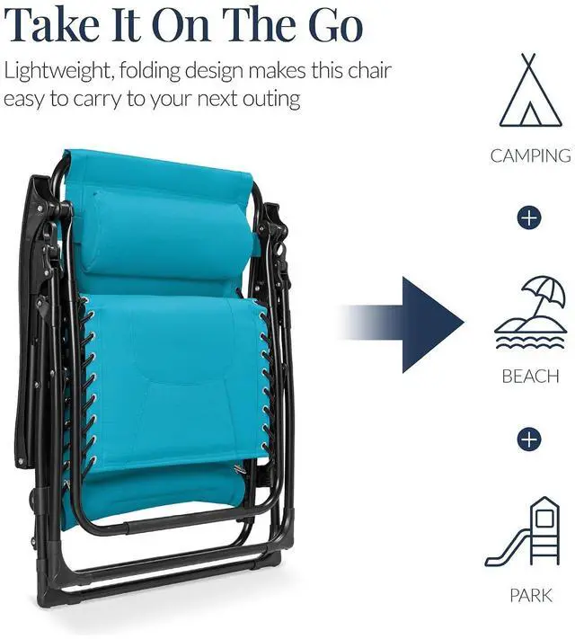 Alt view image 5 of 7 - Oversized Padded Zero Gravity Chair, Folding Outdoor Patio Recliner, XL Anti Gravity Lounger for Backyard w/Headrest, Cup Holder, Side Tray, Polyester Mesh - Aqua Blue