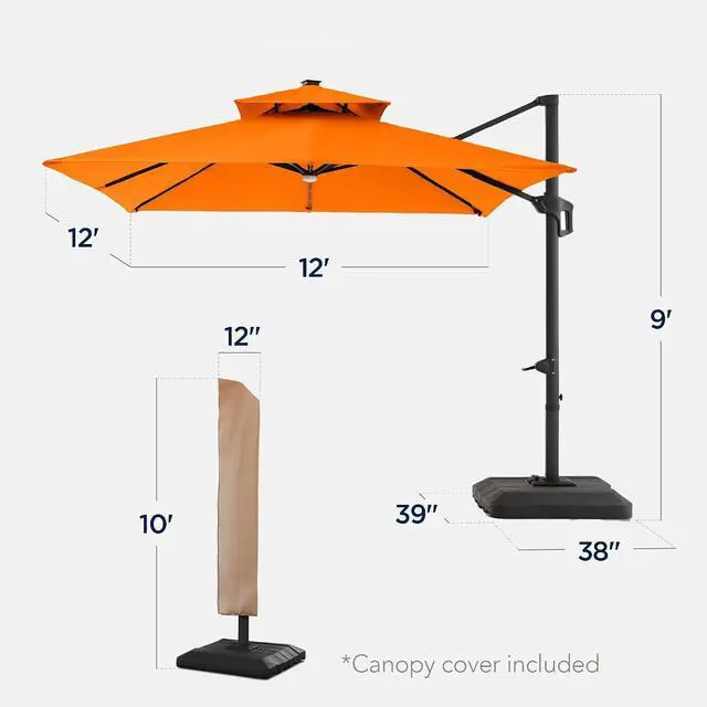 Alt view image 2 of 7 - 12x12ft LED Cantilever Patio Umbrella w/Base Included & 360° Rotation, Large Solar Offset Hanging Outdoor Sun Shade for Deck, Backyard Table w/Stand & Lights Orange