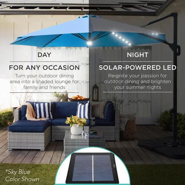 Alt view image 3 of 7 - 10ft Solar LED Cantilever Patio Umbrella, 360-Degree Rotation Hanging Offset Market Outdoor Sun Shade for Backyard, Deck, Poolside w/Lights, Easy Tilt, Cross Base - Green