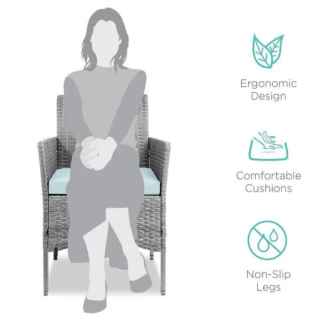 Alt view image 2 of 7 - 3-Piece Outdoor Wicker Conversation Bistro Set, Space Saving Patio Furniture for Garden w/Side Table - Gray/Pastel Blue