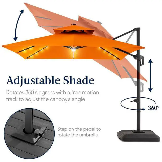 Alt view image 5 of 7 - 12x12ft LED Cantilever Patio Umbrella w/Base Included & 360° Rotation, Large Solar Offset Hanging Outdoor Sun Shade for Deck, Backyard Table w/Stand & Lights Orange
