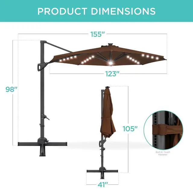 Alt view image 7 of 7 - 10ft Solar LED Cantilever Patio Umbrella, 360-Degree Rotation Hanging Offset Market Outdoor Sun Shade for Backyard, Deck, Poolside w/Lights, Easy Tilt, Cross Base - Brown