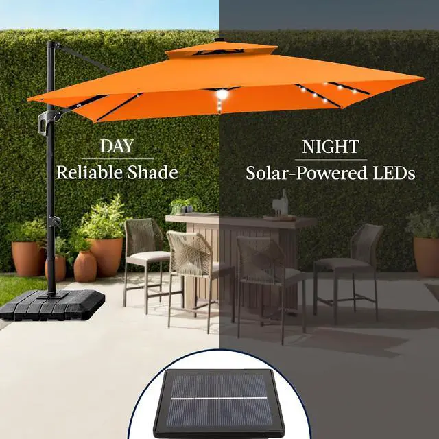 Alt view image 6 of 7 - 12x12ft LED Cantilever Patio Umbrella w/Base Included & 360° Rotation, Large Solar Offset Hanging Outdoor Sun Shade for Deck, Backyard Table w/Stand & Lights Orange