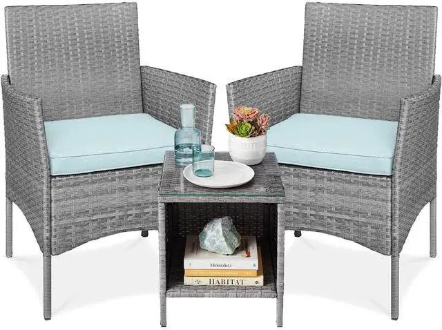 Main image of 3-Piece Outdoor Wicker Conversation Bistro Set, Space Saving Patio Furniture for Garden w/Side Table - Gray/Pastel Blue