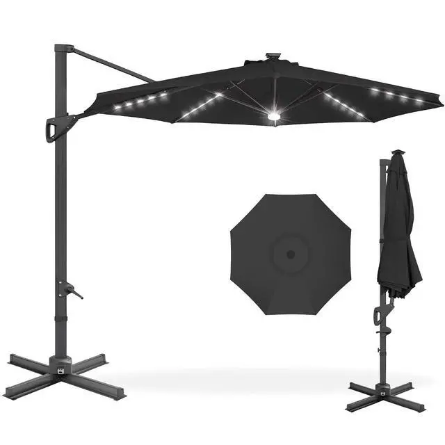 Main image of 10ft Solar LED Cantilever Patio Umbrella, 360-Degree Rotation Hanging Offset Market Outdoor Sun Shade for Backyard, Deck, Poolside w/Lights, Easy Tilt, Cross Base - Black
