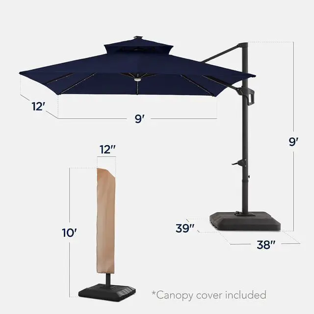 Alt view image 2 of 7 - 9x12ft LED Cantilever Patio Umbrella w/Base Included & 360° Rotation, Large Solar Offset Hanging Outdoor Sun Shade for Deck, Backyard Table w/Stand & Lights Navy Blue