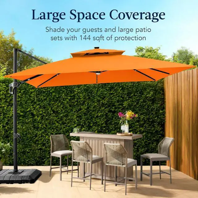 Alt view image 4 of 7 - 12x12ft LED Cantilever Patio Umbrella w/Base Included & 360° Rotation, Large Solar Offset Hanging Outdoor Sun Shade for Deck, Backyard Table w/Stand & Lights Orange