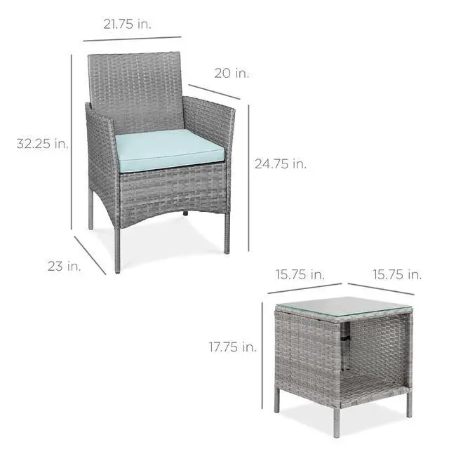 Alt view image 7 of 7 - 3-Piece Outdoor Wicker Conversation Bistro Set, Space Saving Patio Furniture for Garden w/Side Table - Gray/Pastel Blue
