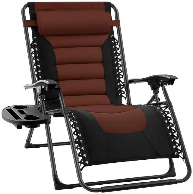 Main image of Oversized Padded Zero Gravity Chair, Folding Outdoor Patio Recliner, XL Anti Gravity Lounger for Backyard w/Headrest, Cup Holder, Side Tray, Polyester Mesh - Brown
