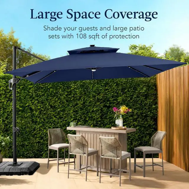 Alt view image 4 of 7 - 9x12ft LED Cantilever Patio Umbrella w/Base Included & 360° Rotation, Large Solar Offset Hanging Outdoor Sun Shade for Deck, Backyard Table w/Stand & Lights Navy Blue