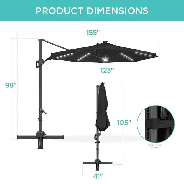 Alt view image 7 of 7 - 10ft Solar LED Cantilever Patio Umbrella, 360-Degree Rotation Hanging Offset Market Outdoor Sun Shade for Backyard, Deck, Poolside w/Lights, Easy Tilt, Cross Base - Black