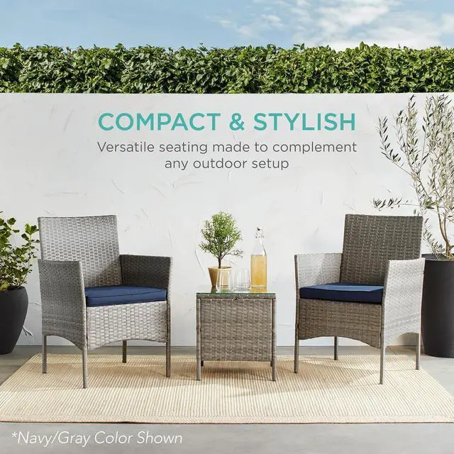 Alt view image 6 of 7 - 3-Piece Outdoor Wicker Conversation Bistro Set, Space Saving Patio Furniture for Garden w/Side Table - Gray/Pastel Blue