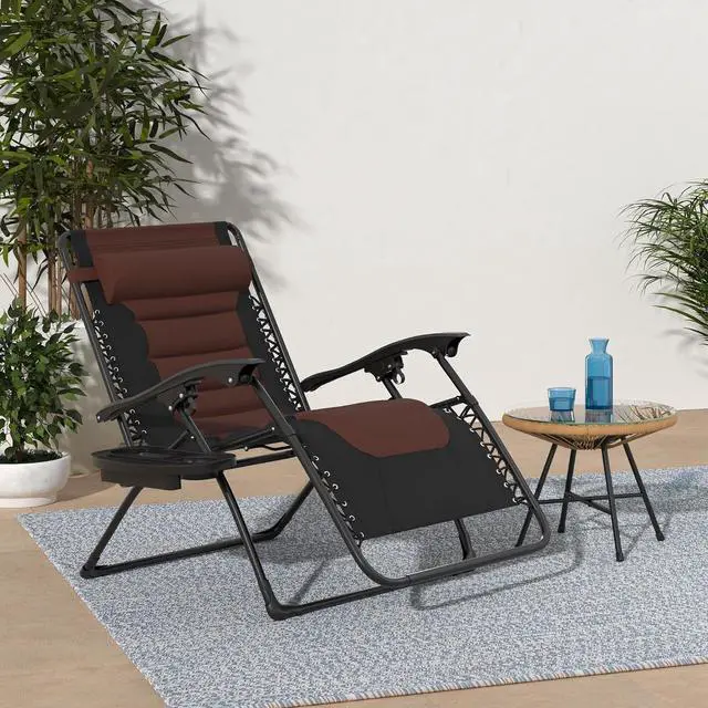 Alt view image 2 of 7 - Oversized Padded Zero Gravity Chair, Folding Outdoor Patio Recliner, XL Anti Gravity Lounger for Backyard w/Headrest, Cup Holder, Side Tray, Polyester Mesh - Brown
