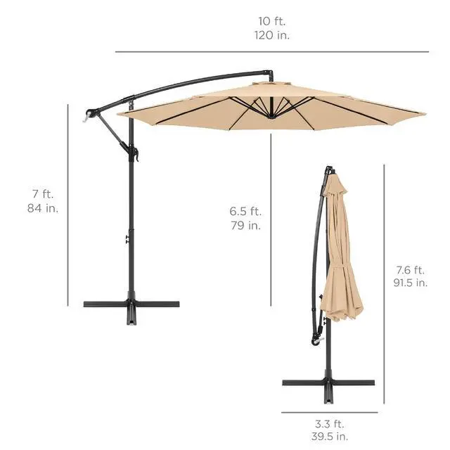Alt view image 7 of 7 - 10ft Offset Cantilever Hanging Market Patio Umbrella, 8 Sturdy Ribs, Easy Adjustment - Sand