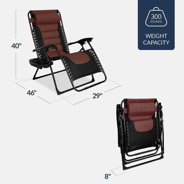 Alt view image 3 of 7 - Oversized Padded Zero Gravity Chair, Folding Outdoor Patio Recliner, XL Anti Gravity Lounger for Backyard w/Headrest, Cup Holder, Side Tray, Polyester Mesh - Brown
