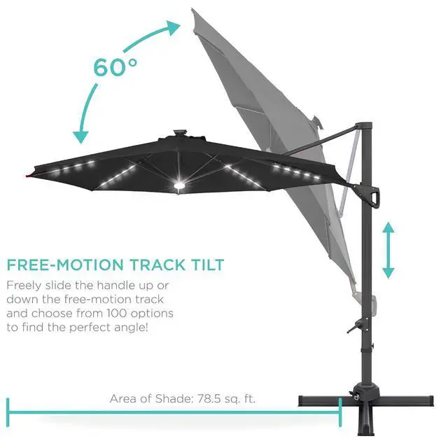 Alt view image 5 of 7 - 10ft Solar LED Cantilever Patio Umbrella, 360-Degree Rotation Hanging Offset Market Outdoor Sun Shade for Backyard, Deck, Poolside w/Lights, Easy Tilt, Cross Base - Black