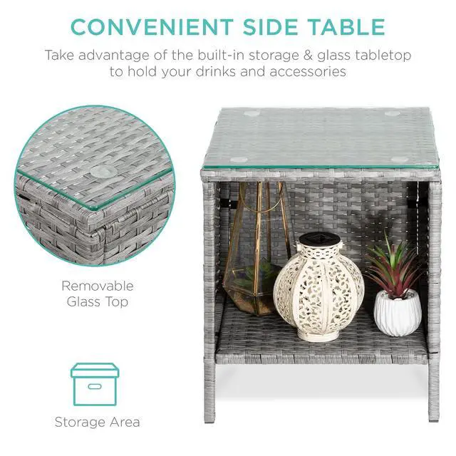 Alt view image 3 of 7 - 3-Piece Outdoor Wicker Conversation Bistro Set, Space Saving Patio Furniture for Garden w/Side Table - Gray/Pastel Blue