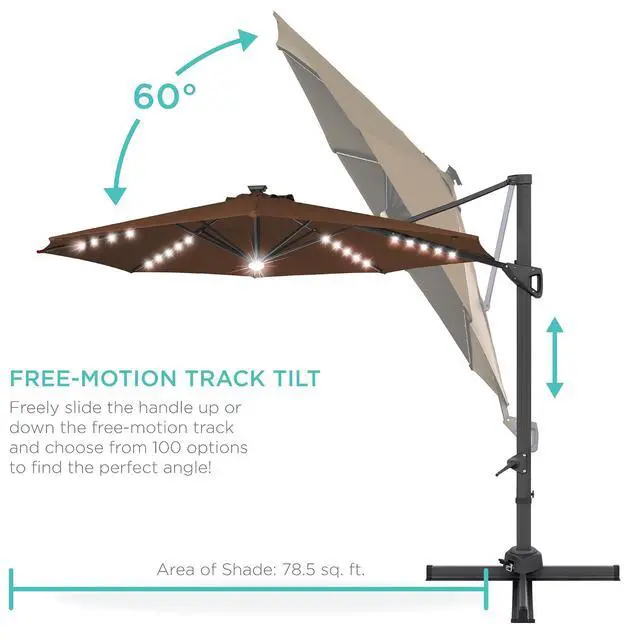 Alt view image 5 of 7 - 10ft Solar LED Cantilever Patio Umbrella, 360-Degree Rotation Hanging Offset Market Outdoor Sun Shade for Backyard, Deck, Poolside w/Lights, Easy Tilt, Cross Base - Brown