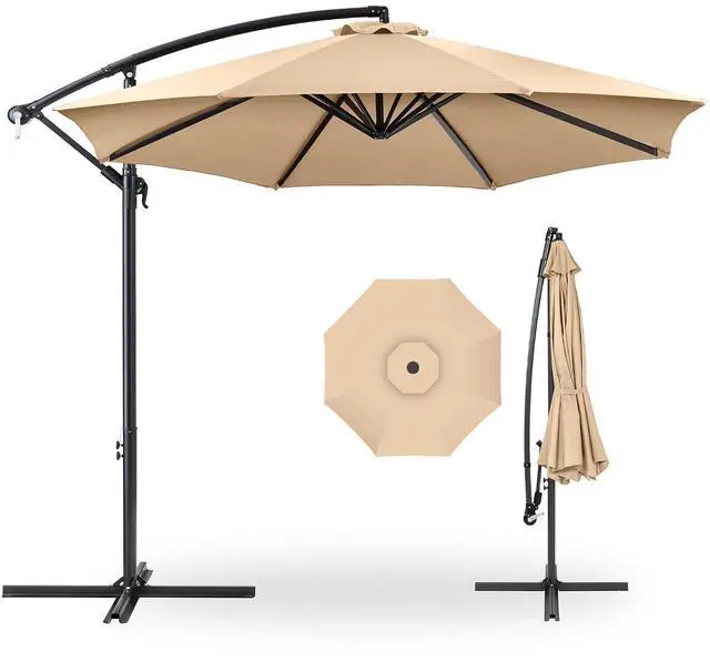 Main image of 10ft Offset Cantilever Hanging Market Patio Umbrella, 8 Sturdy Ribs, Easy Adjustment - Sand