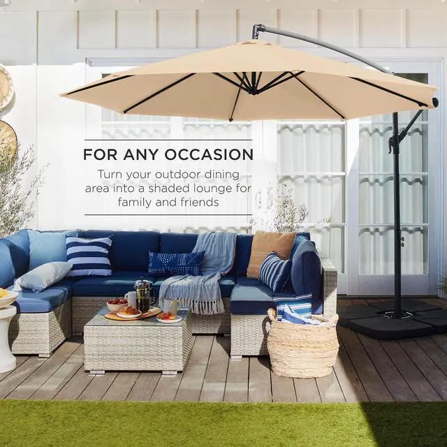 Alt view image 3 of 7 - 10ft Offset Cantilever Hanging Market Patio Umbrella, 8 Sturdy Ribs, Easy Adjustment - Sand
