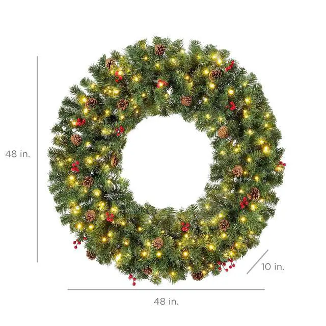 Alt view image 7 of 7 - 48in Pre-Lit Christmas Wreath w/Berries & Pinecones, Large Artificial Indoor/Outdoor Decor for Door, Mantel, Plug-in