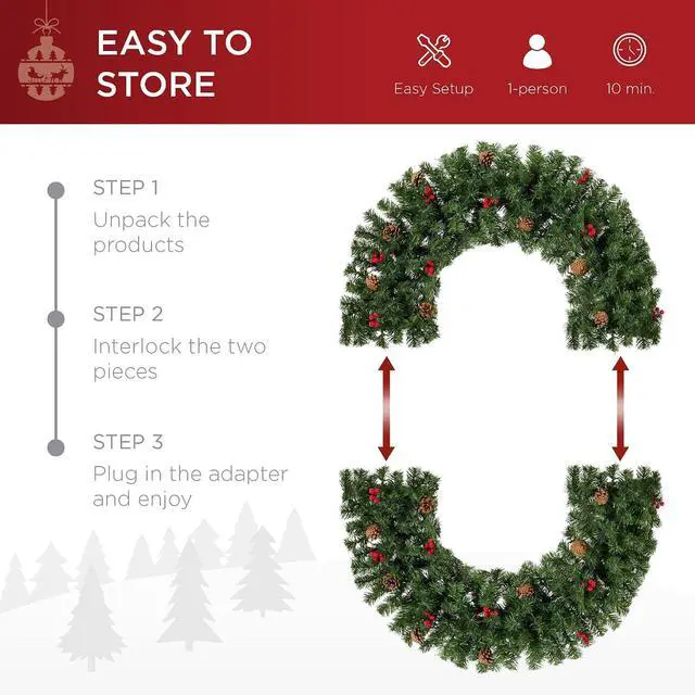 Alt view image 5 of 7 - 48in Pre-Lit Christmas Wreath w/Berries & Pinecones, Large Artificial Indoor/Outdoor Decor for Door, Mantel, Plug-in