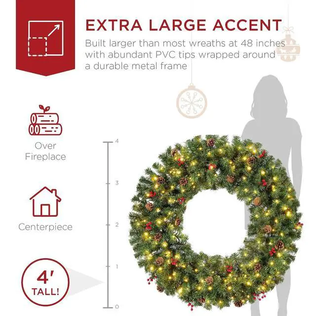 Alt view image 3 of 7 - 48in Pre-Lit Christmas Wreath w/Berries & Pinecones, Large Artificial Indoor/Outdoor Decor for Door, Mantel, Plug-in