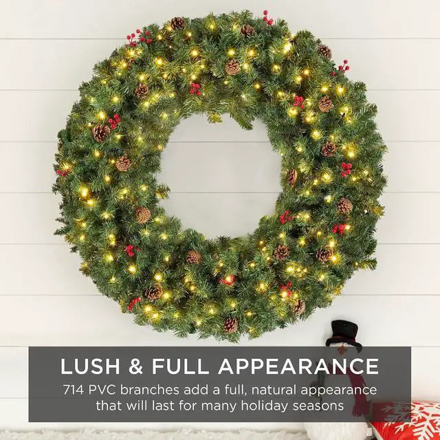Alt view image 6 of 7 - 48in Pre-Lit Christmas Wreath w/Berries & Pinecones, Large Artificial Indoor/Outdoor Decor for Door, Mantel, Plug-in