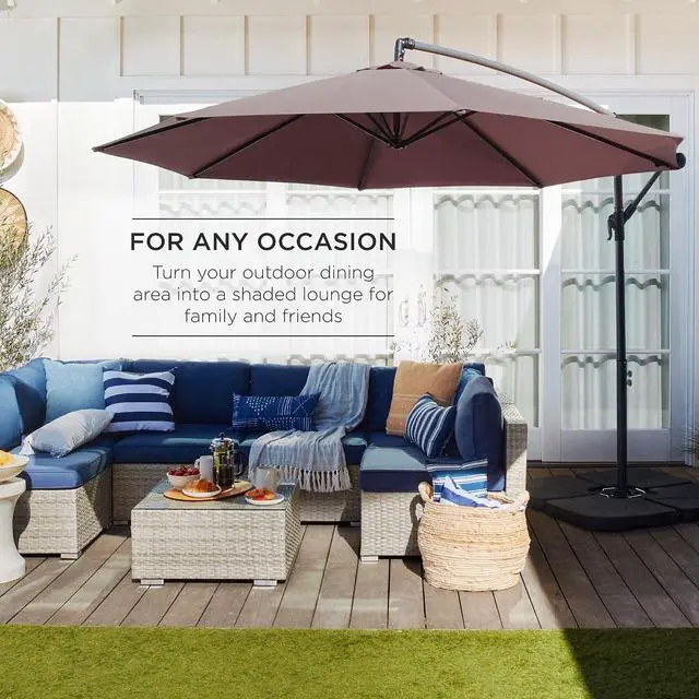 Alt view image 3 of 7 - 10ft Offset Hanging Market Patio Umbrella w/Easy Tilt Adjustment, Polyester Shade, 8 Ribs for Backyard, Poolside, Lawn and Garden - Deep Taupe