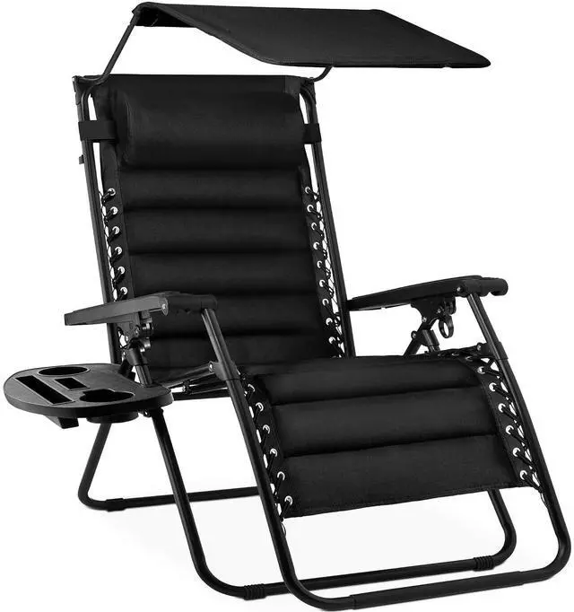 Main image of Oversized Padded Zero Gravity Chair w/Canopy Headrest Cup Holder Side Tray, Folding Outdoor Patio Recliner Lounger - Black