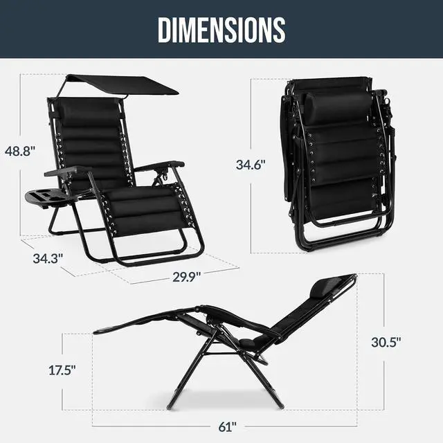 Alt view image 2 of 7 - Oversized Padded Zero Gravity Chair w/Canopy Headrest Cup Holder Side Tray, Folding Outdoor Patio Recliner Lounger - Black