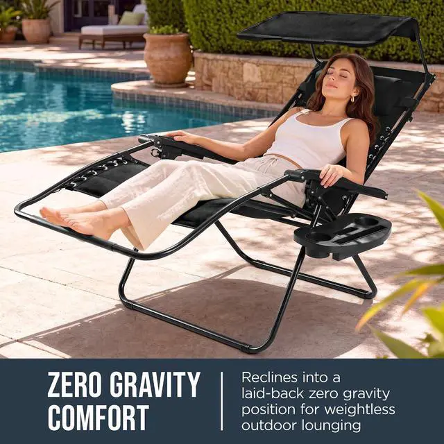 Alt view image 3 of 7 - Oversized Padded Zero Gravity Chair w/Canopy Headrest Cup Holder Side Tray, Folding Outdoor Patio Recliner Lounger - Black