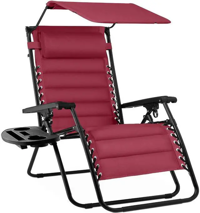Main image of Oversized Padded Zero Gravity Chair w/Canopy Headrest Cup Holder Side Tray, Folding Outdoor Patio Recliner Lounger - Burgundy