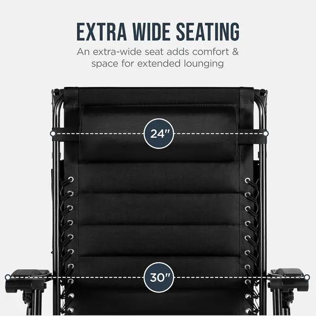 Alt view image 5 of 7 - Oversized Padded Zero Gravity Chair w/Canopy Headrest Cup Holder Side Tray, Folding Outdoor Patio Recliner Lounger - Black