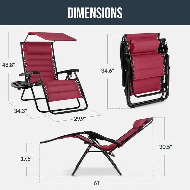 Alt view image 2 of 7 - Oversized Padded Zero Gravity Chair w/Canopy Headrest Cup Holder Side Tray, Folding Outdoor Patio Recliner Lounger - Burgundy
