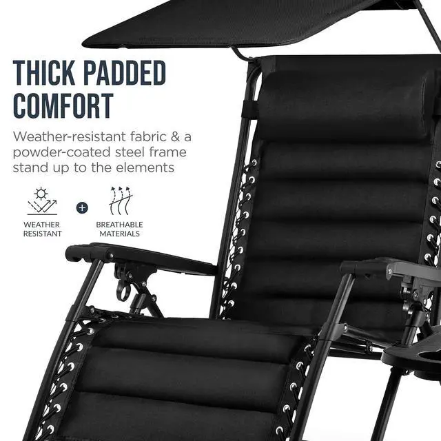 Alt view image 6 of 7 - Oversized Padded Zero Gravity Chair w/Canopy Headrest Cup Holder Side Tray, Folding Outdoor Patio Recliner Lounger - Black