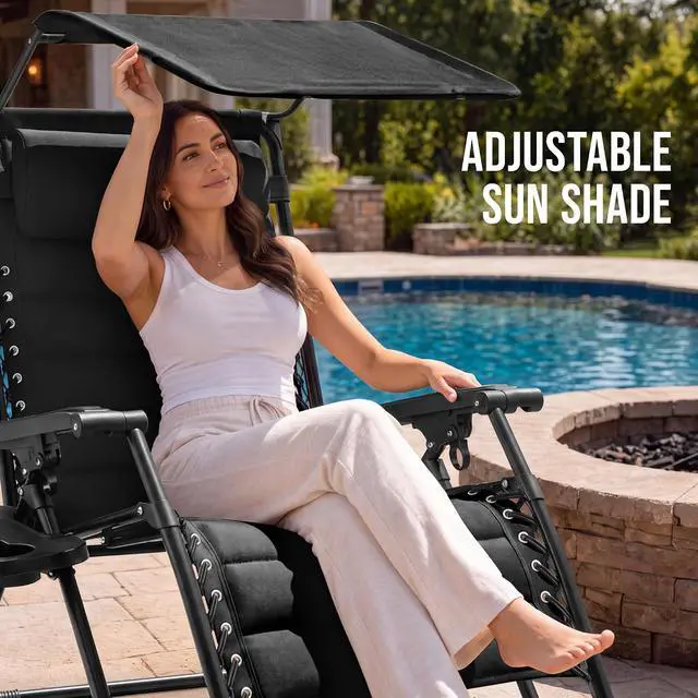 Alt view image 4 of 7 - Oversized Padded Zero Gravity Chair w/Canopy Headrest Cup Holder Side Tray, Folding Outdoor Patio Recliner Lounger - Black
