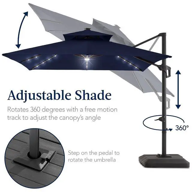 Alt view image 5 of 7 - 9x12ft LED Cantilever Patio Umbrella w/Base Included & 360° Rotation, Large Solar Offset Hanging Outdoor Sun Shade for Deck, Backyard Table w/Stand & Lights Navy Blue