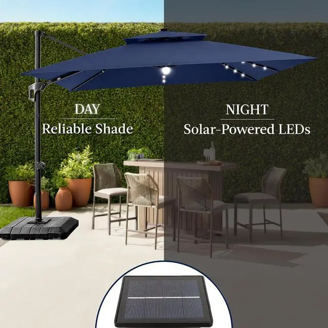 Alt view image 6 of 7 - 9x12ft LED Cantilever Patio Umbrella w/Base Included & 360° Rotation, Large Solar Offset Hanging Outdoor Sun Shade for Deck, Backyard Table w/Stand & Lights Navy Blue