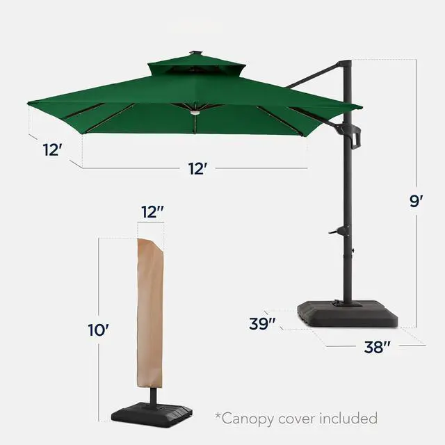 Alt view image 2 of 7 - 12x12ft LED Cantilever Patio Umbrella w/Base Included & 360° Rotation, Large Solar Offset Hanging Outdoor Sun Shade for Deck, Backyard Table w/Stand & Lights Green